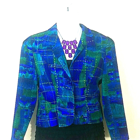 *Leslie Belle MP Petite Blazer  Abstract Blue Purple Green Lightweight Unlined - Picture 1 of 3